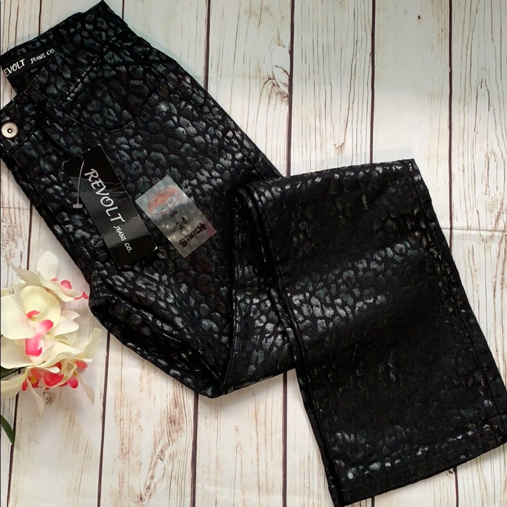 Revolt Black Leopard Jeans Pants Shiny Stretch